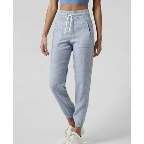 Athleta Women's Cabo Linen Blue Jogger Pants Size 16 Pull-On Drawstring Pockets - Picture 1 of 6